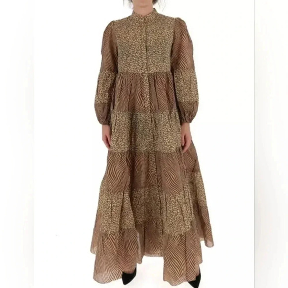 $1083 Zimmermann Button Front Empire Tiered Leopard Zebra Dress Brown Sz… - Picture 5 of 11